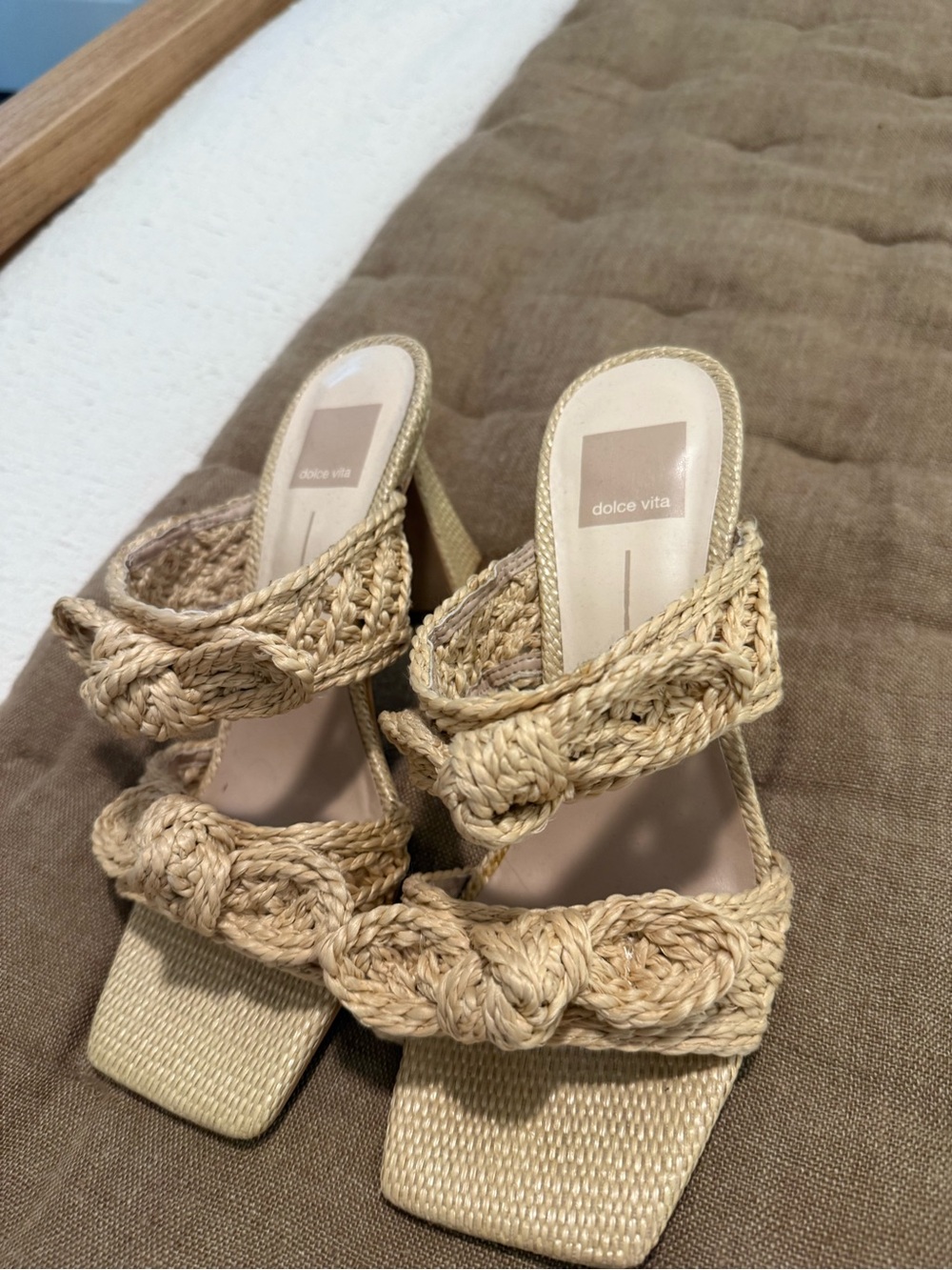 Dolce Vita Braided Raffia Block Heel Sandals in Natural Beige